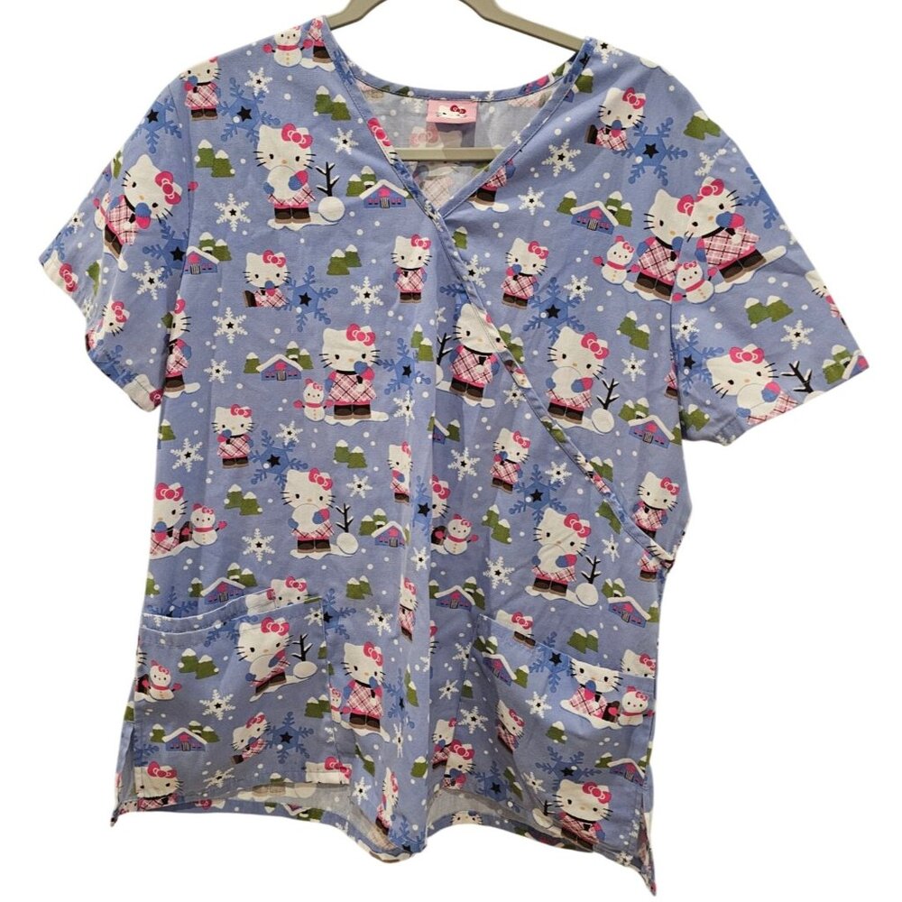 Sanrio Hello Kitty Scrubs Top Nurse Snowman Snowflake Winter Blue SEE DESCRIPT